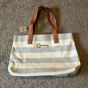 NWT Austin Shopper Gray Stripe Women’s Tote Shoulder Bag Cow Hide Leather Brass